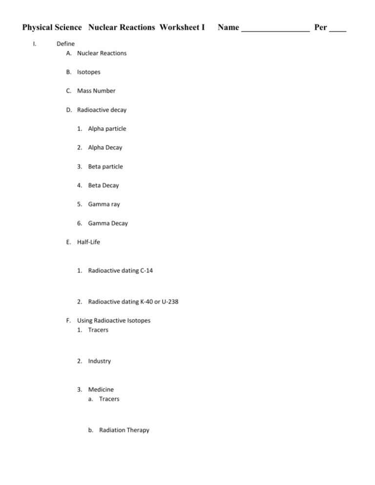 Glencoe Physical Science Nuclear Reactions Worksheet