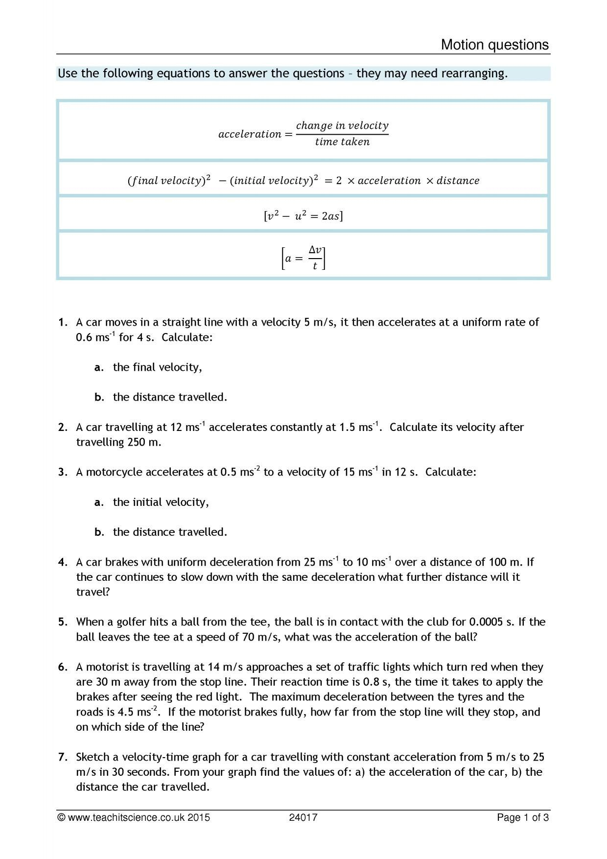 Velocity And Acceleration Calculation Worksheet Answer Key Ivuyteq