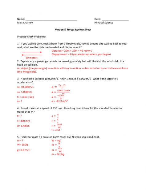 11 Physical Science Motion Worksheet Answer Key