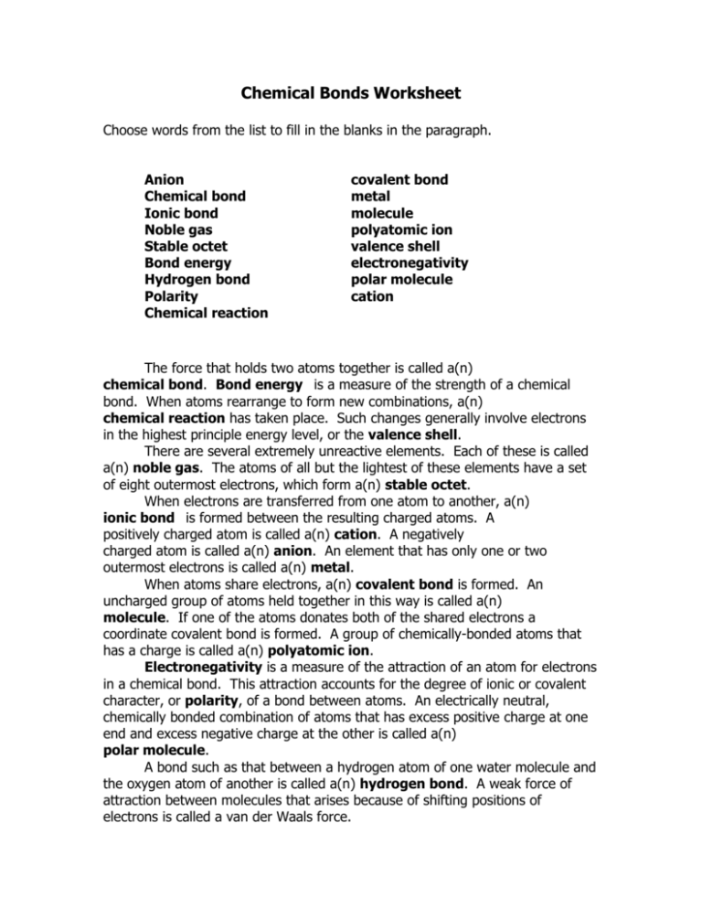 32 Chemical Bonds Worksheet Answer Key Support Worksheet