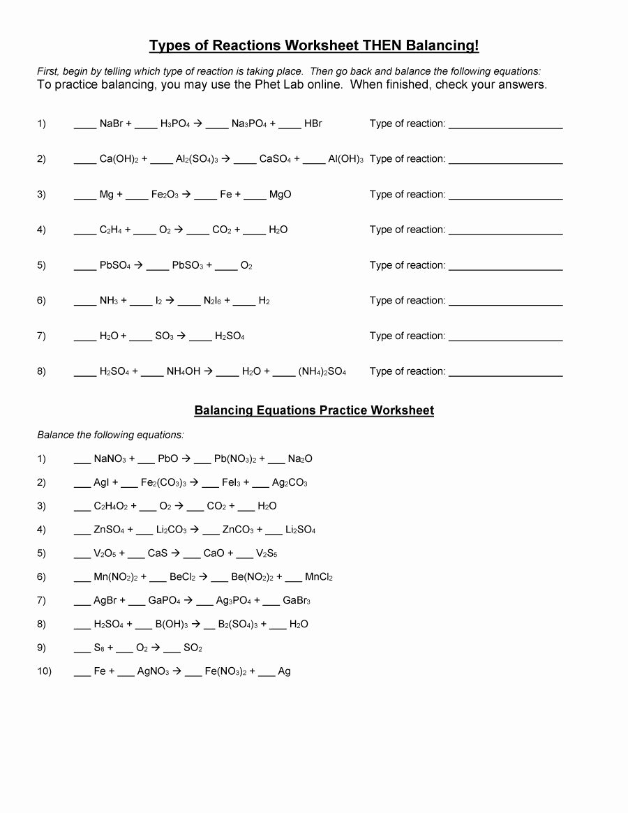 Physical Science Balancing Equations Worksheet Answers 