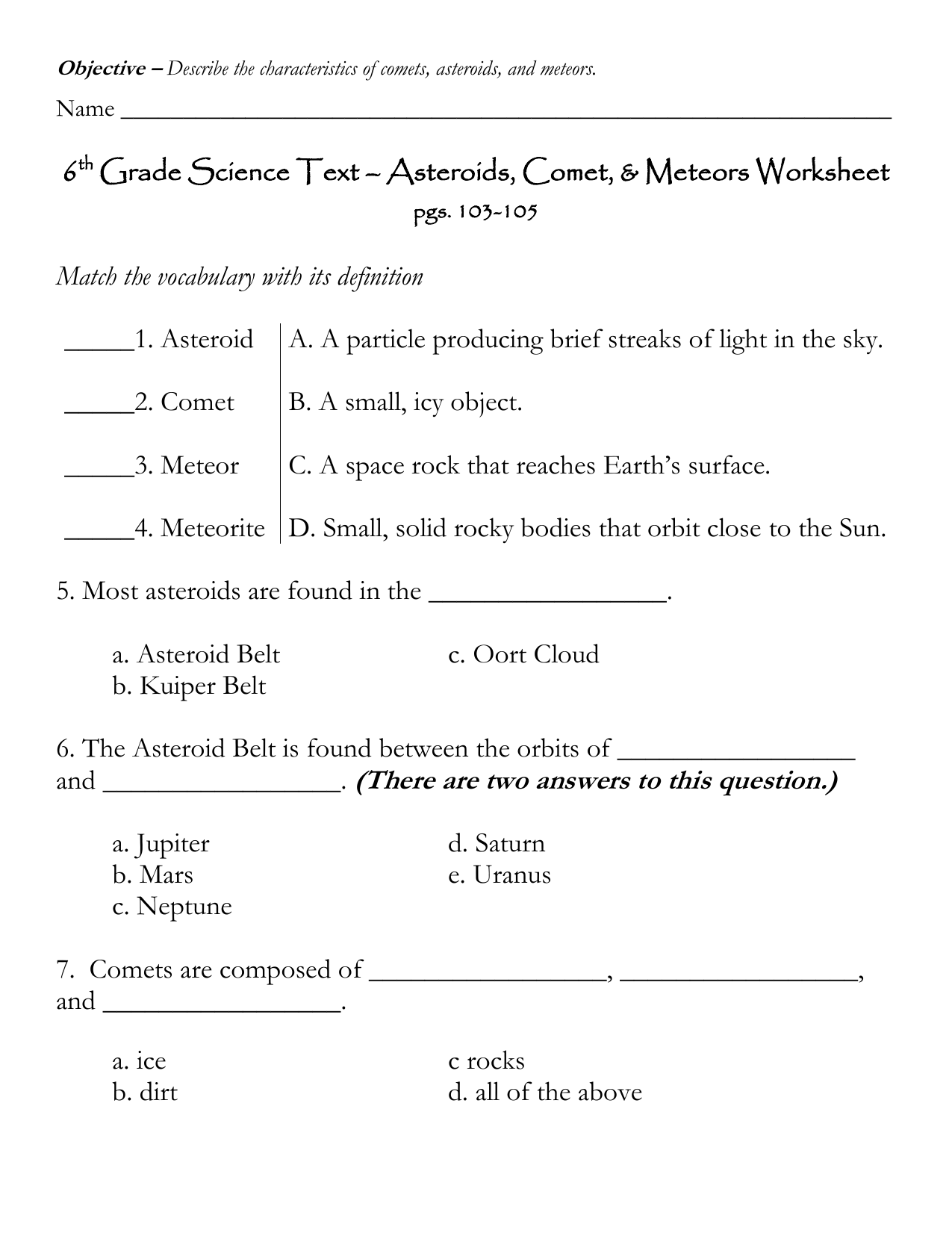 6 Grade Science Text Asteroids Comet Meteors Worksheet 1