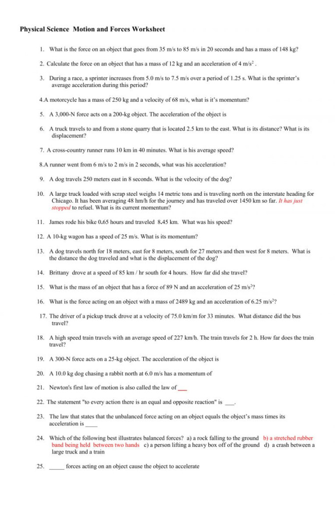 7 Physical Science Motion Worksheet Answers Physical Science 