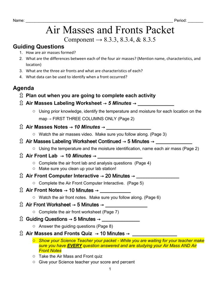 Air Masses And Fronts Worksheet Answers Earth Science High School