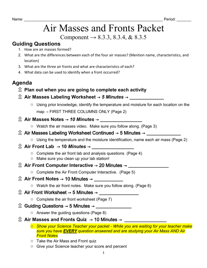 Air Masses And Fronts Worksheet Answers Earth Science High School 