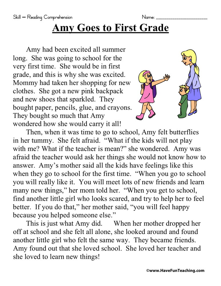 Amy Goes To First Grade Reading Comprehension Worksheet Have Fun Teaching