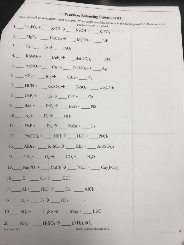 Balancing Equation Worksheet With Answers Grade 9 Physical Science 