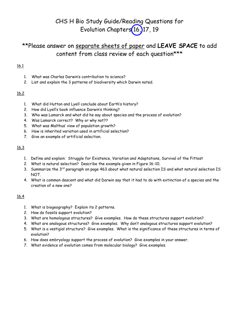 CHS H Bio Study Guide Reading Questions For Evolution Chapters