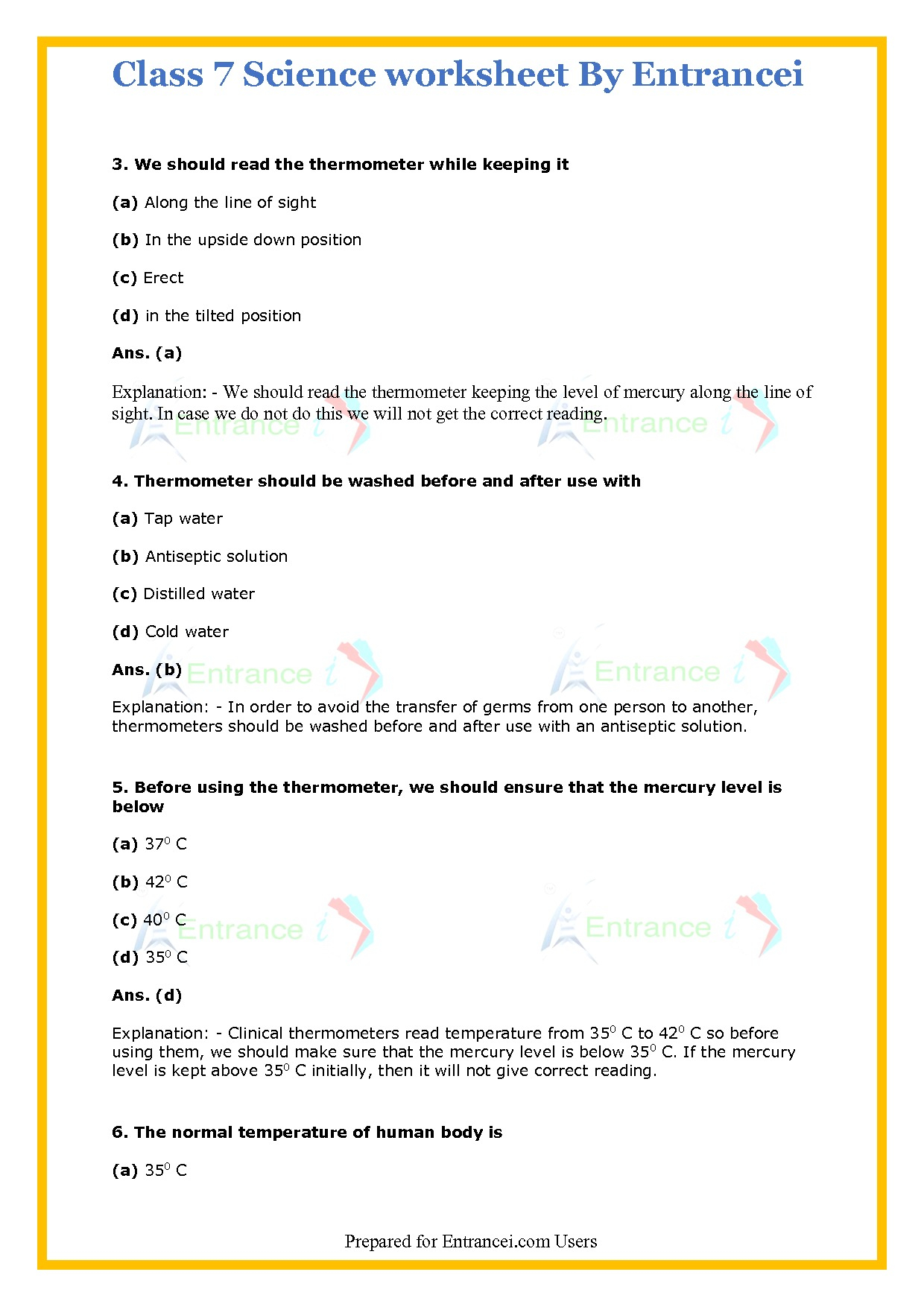 Class 7 Science Worksheet With Detail Solutions For Chapter 4 Heat