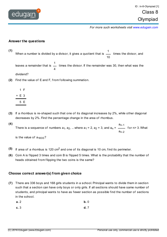 Class 8 Olympiad Printable Worksheets Online Practice Online Tests 