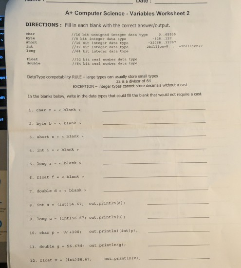 Dal A Computer Science Variables Worksheet 2 Chegg