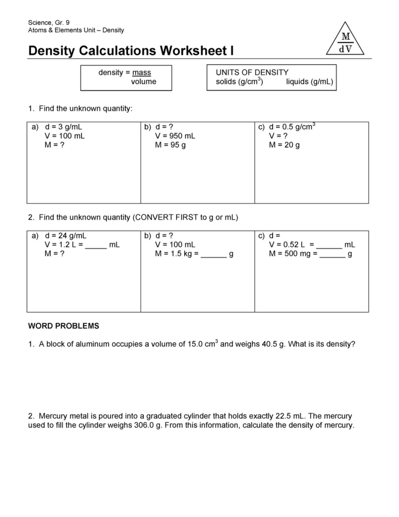 Density Calculations Worksheet Quizlet Worksheet