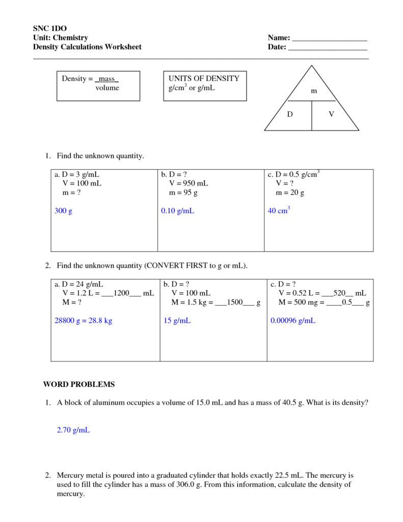 Density Worksheet With Answers Density Worksheet 8th Grade Math 