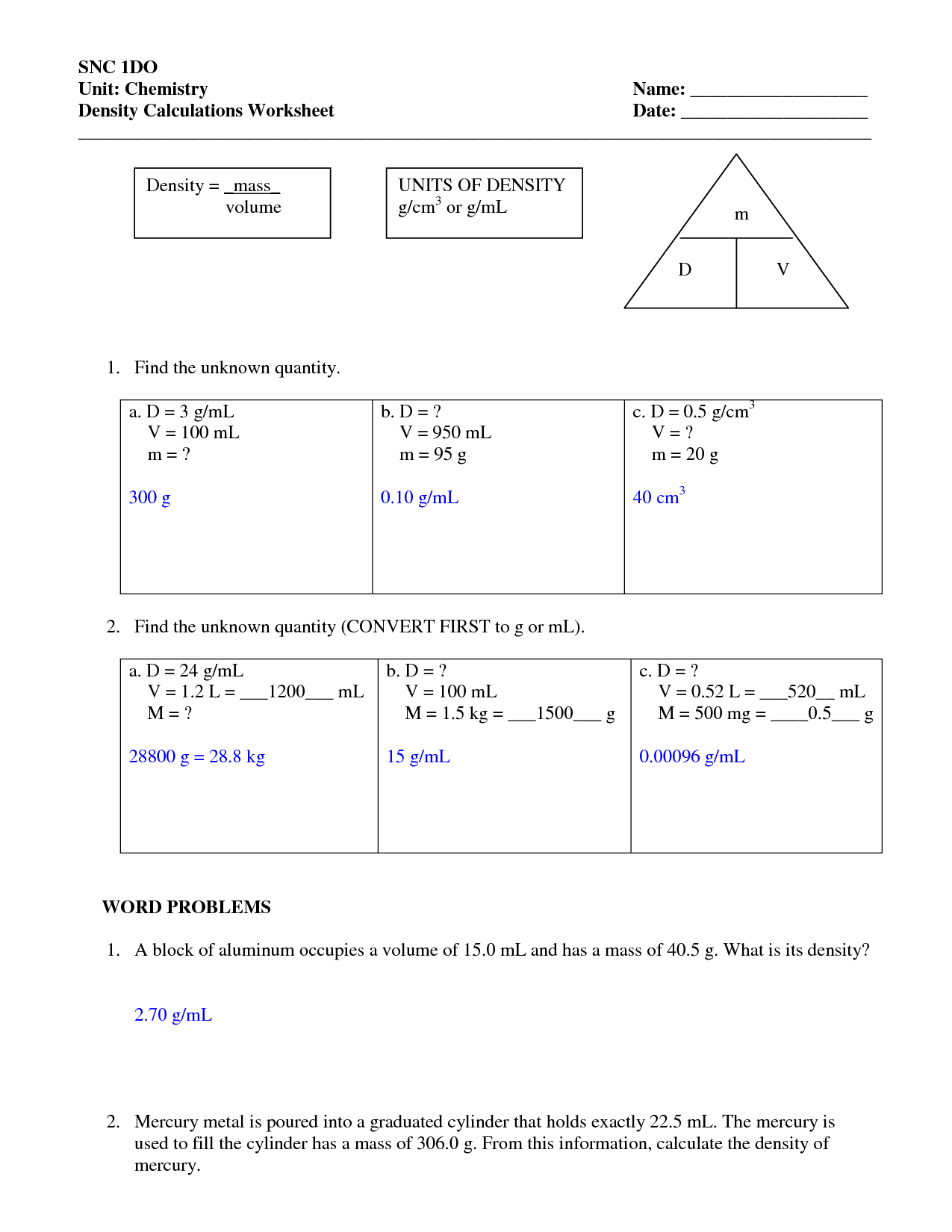 Density Worksheet With Answers Density Worksheet 8th Grade Math