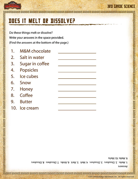 Does It Melt Or Dissolve View Free Science Worksheets For 3rd Grade