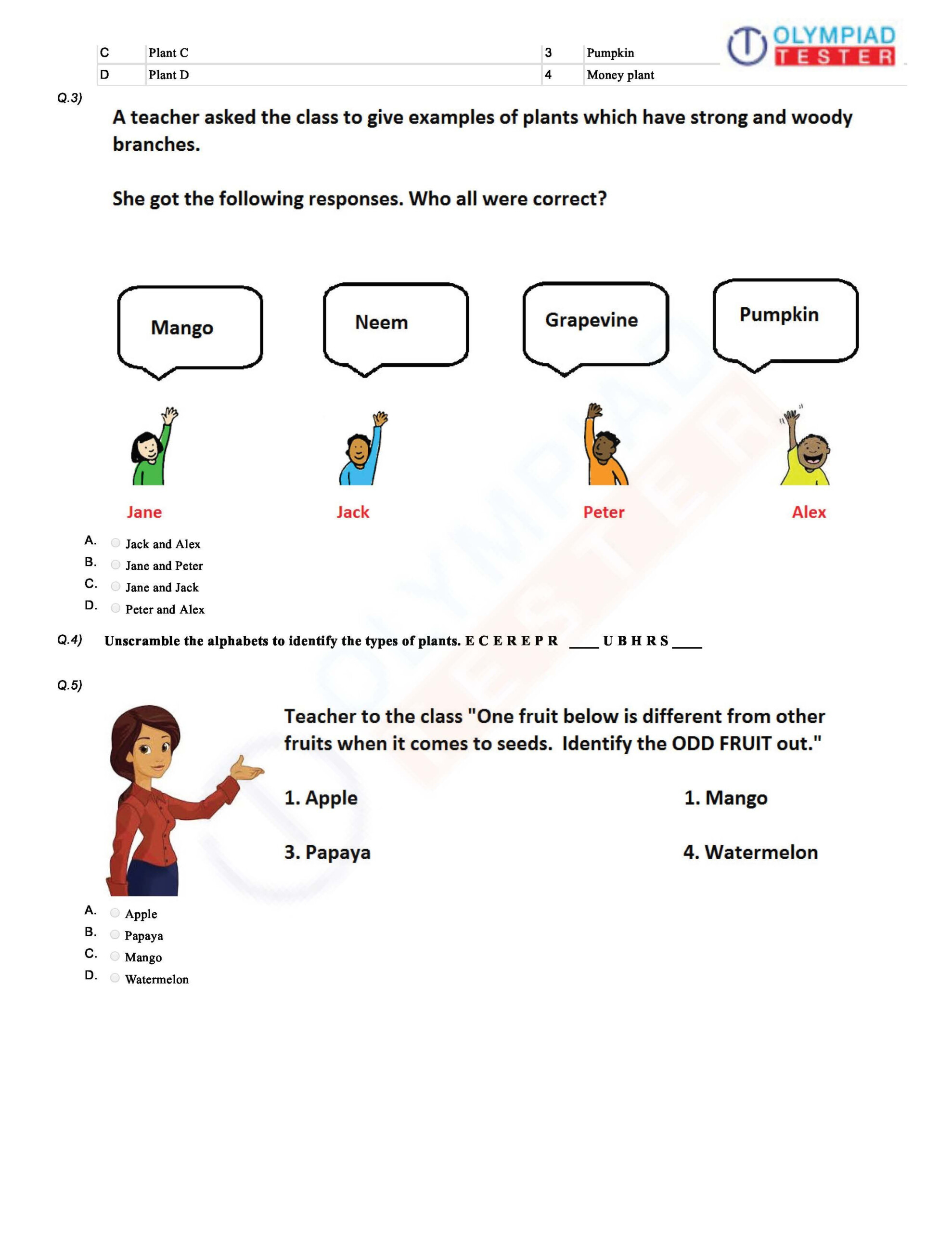 Download Science Olympiad Class 1 PDF Worksheet 2 On Chapter Plants