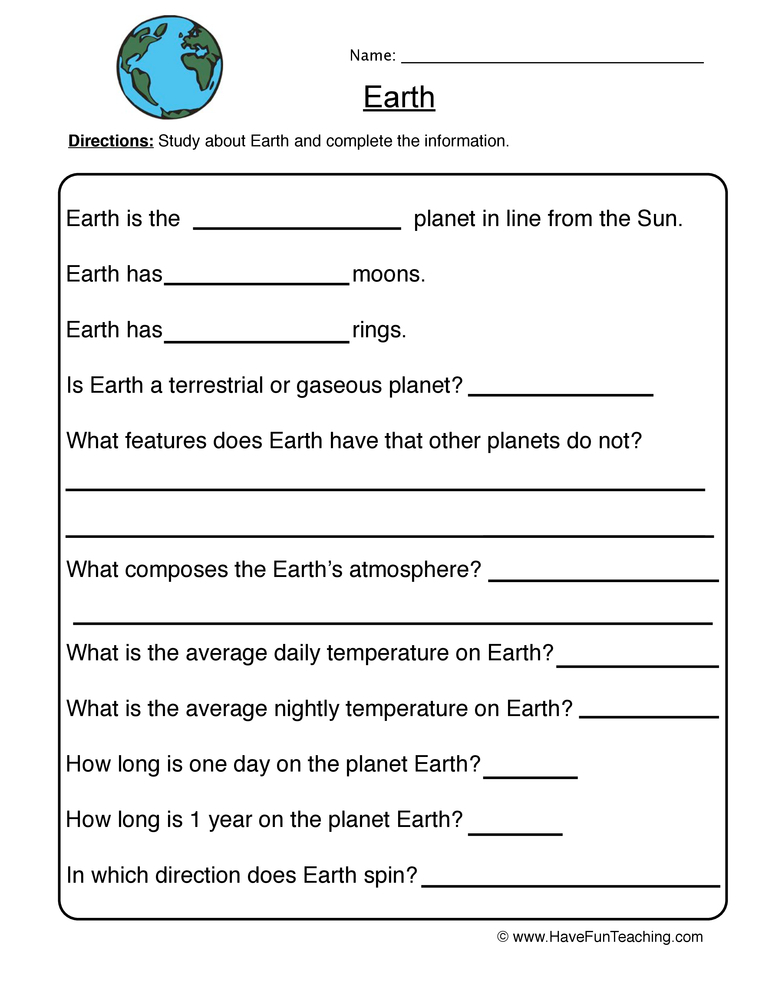 Earth Planet Worksheet 3