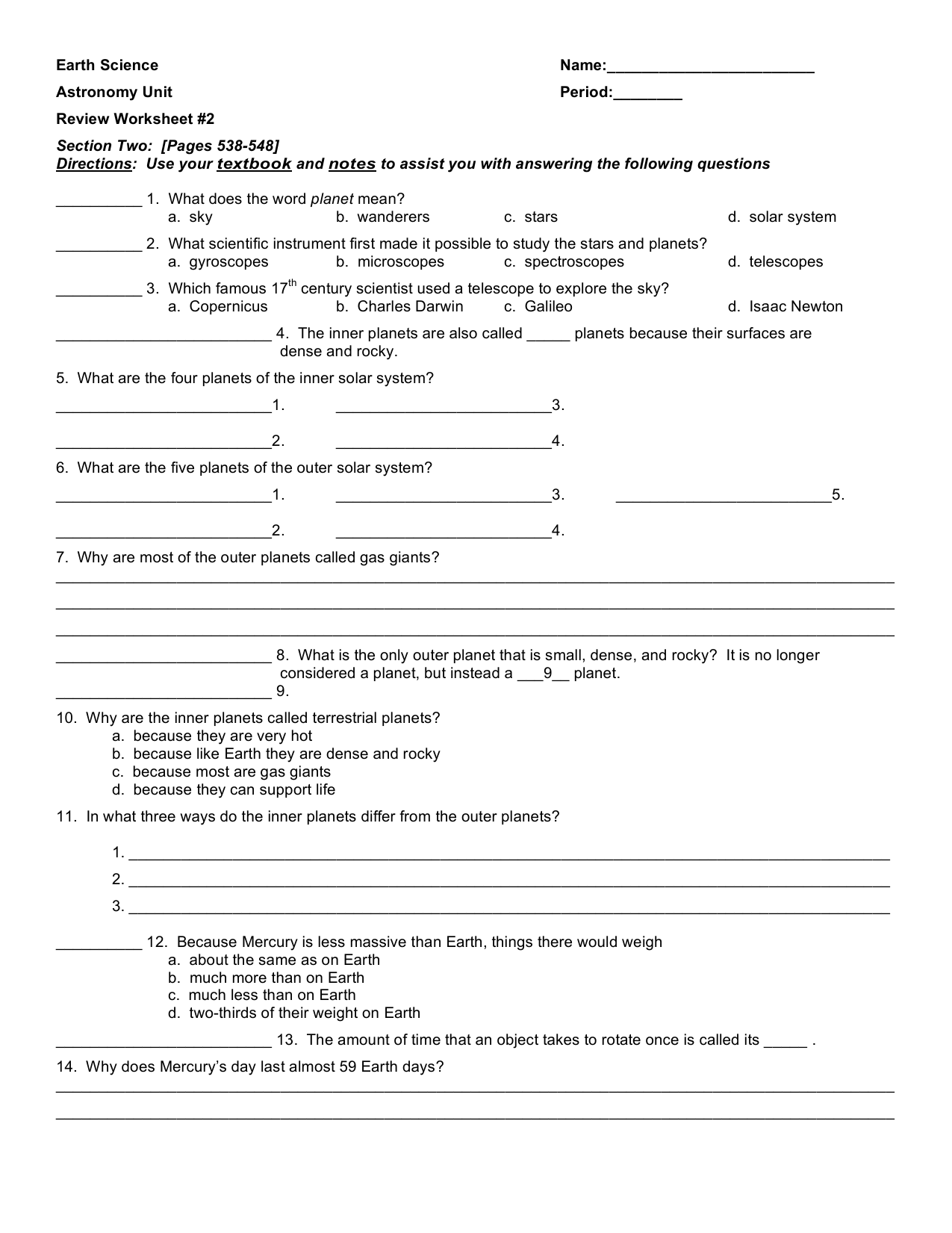 Earth Science Astronomy Unit Review Worksheet Answer Key The Earth