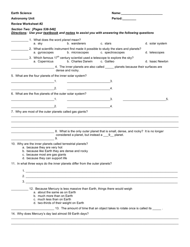 Earth Science Astronomy Unit Review Worksheet Answer Key The Earth 
