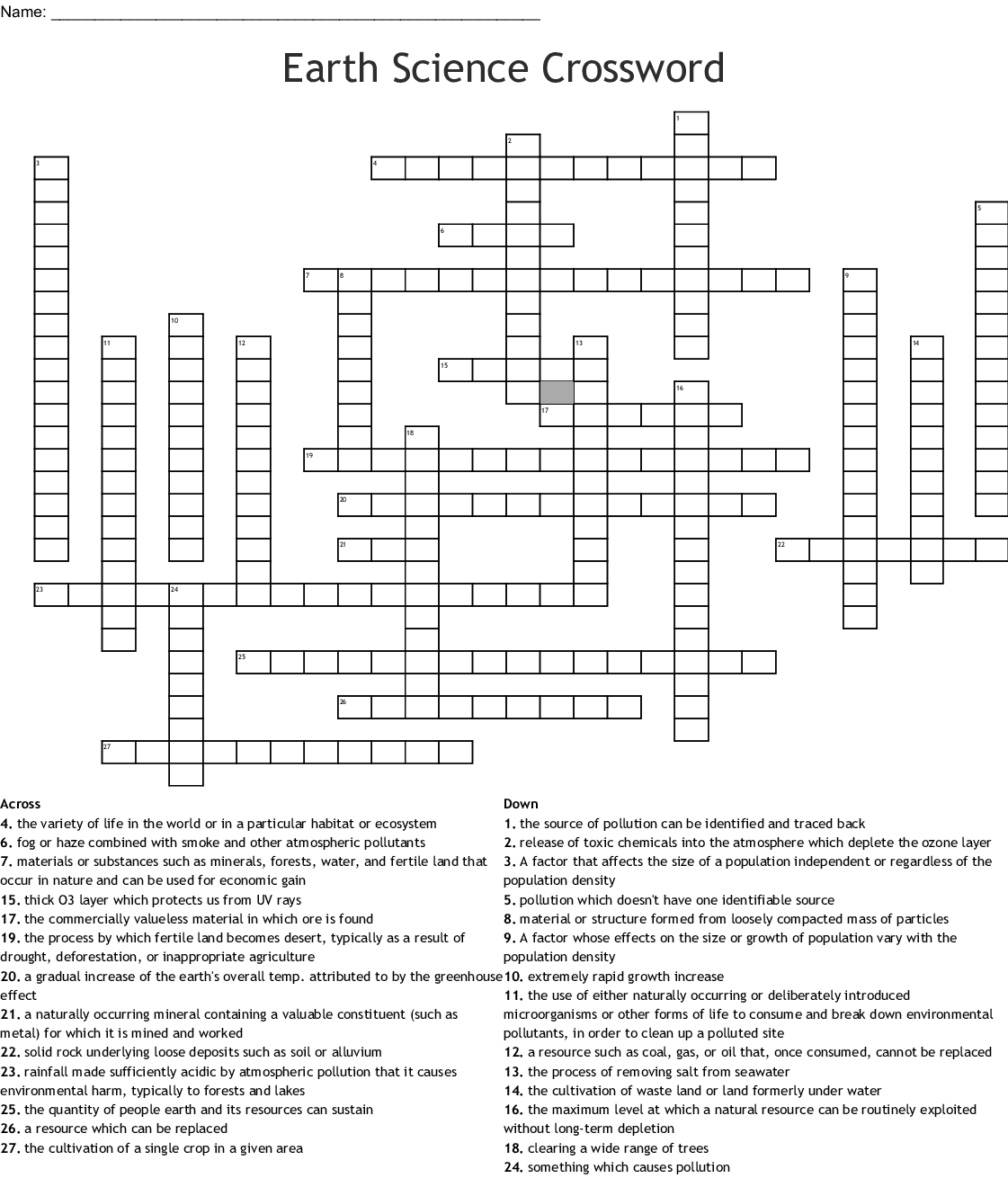 Earth Science Crossword WordMint