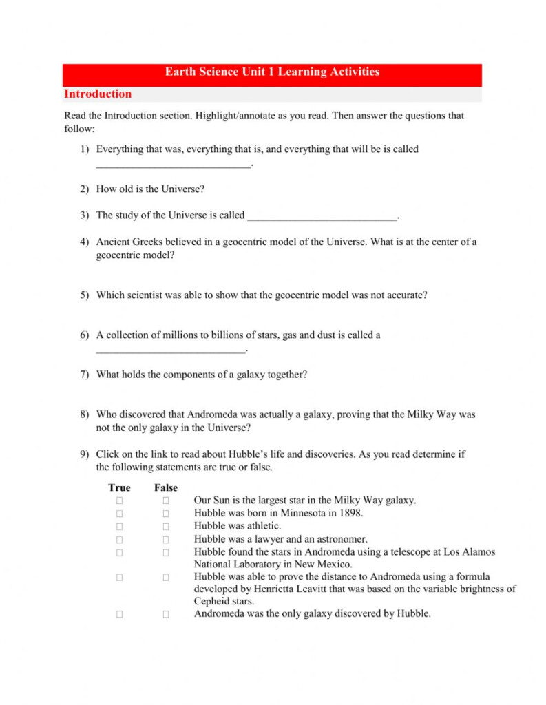 Earth Science Unit 1 Introduction Worksheet