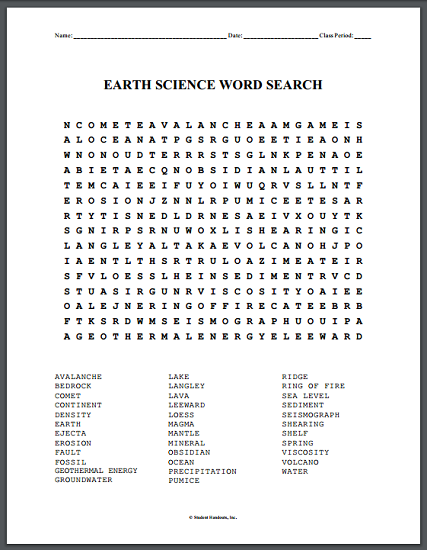Earth Science Word Search Puzzle Student Handouts Science Word