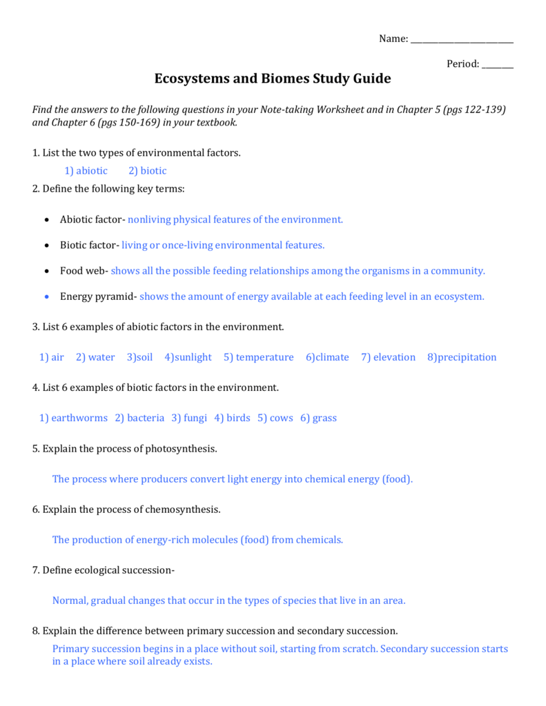 Ecosystems And Biomes Study Guide