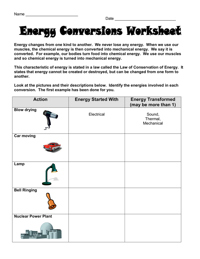 Energy Transformation Worksheet Kidsworksheetfun