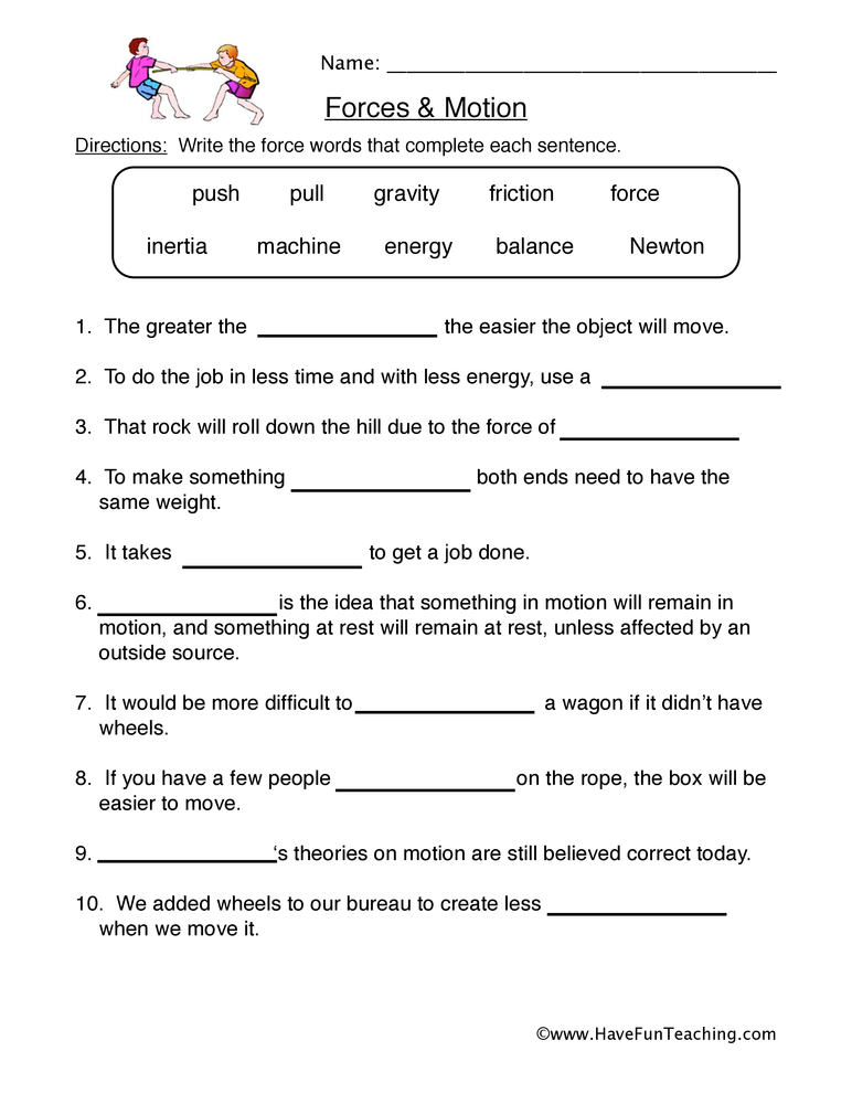 Forces Motion Worksheet Have Fun Teaching