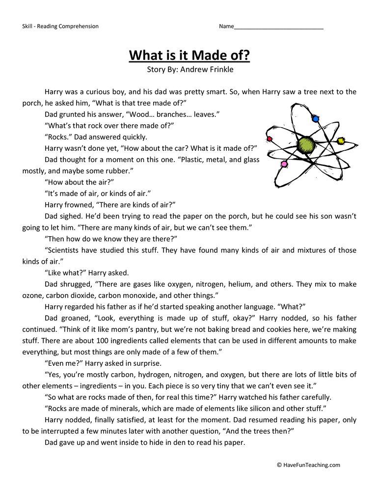 Fourth Grade Reading Comprehension Worksheet What Is It Made Of 