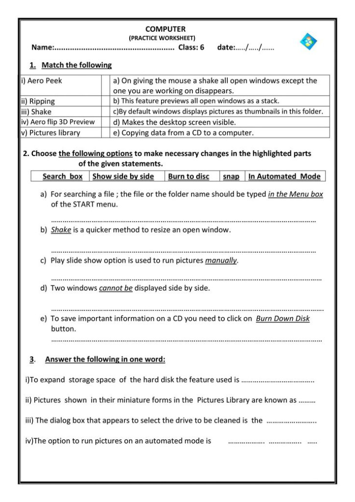 Free Printable Computer Worksheets Puter Science Worksheet For Grade 6 