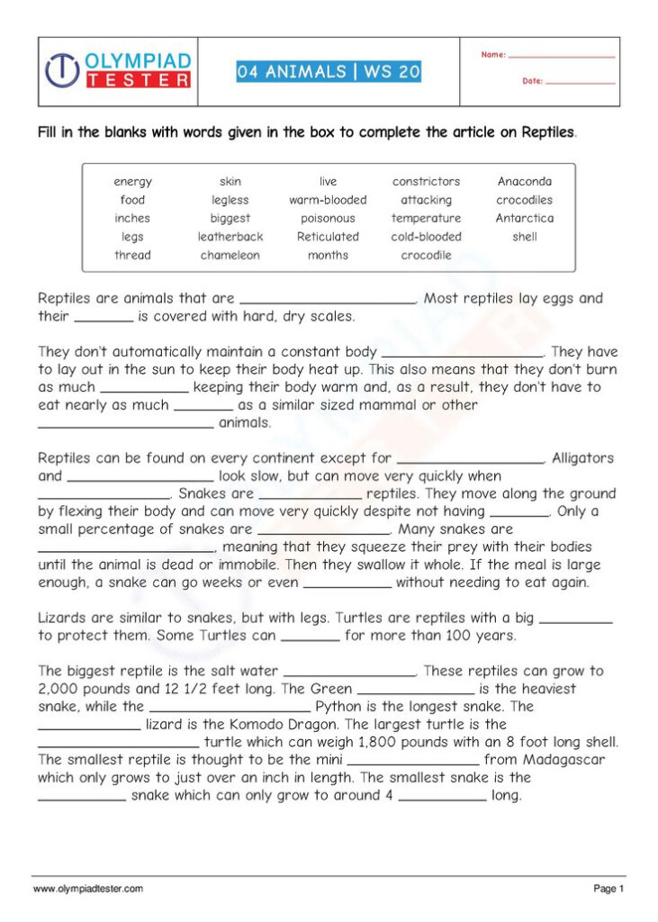 Grade 4 Science Worksheet Cloze In PDF On Animals Useful For 