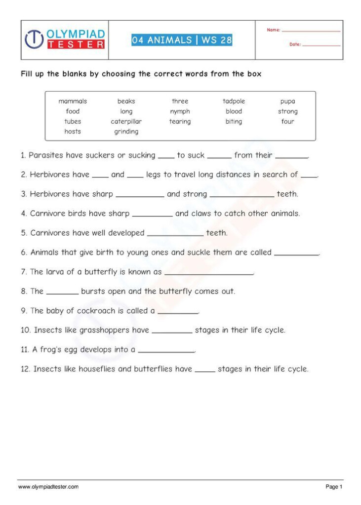 Grade 4 Science Worksheet PDF On Animals For Science Olympiad Exam 