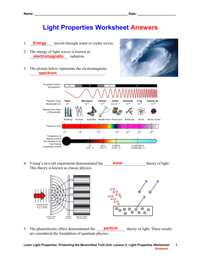 Light Properties Worksheet Answers