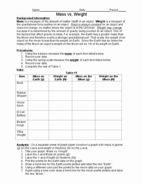 Mass And Weight Worksheet New Printables Mass Vs Weight Worksheet 