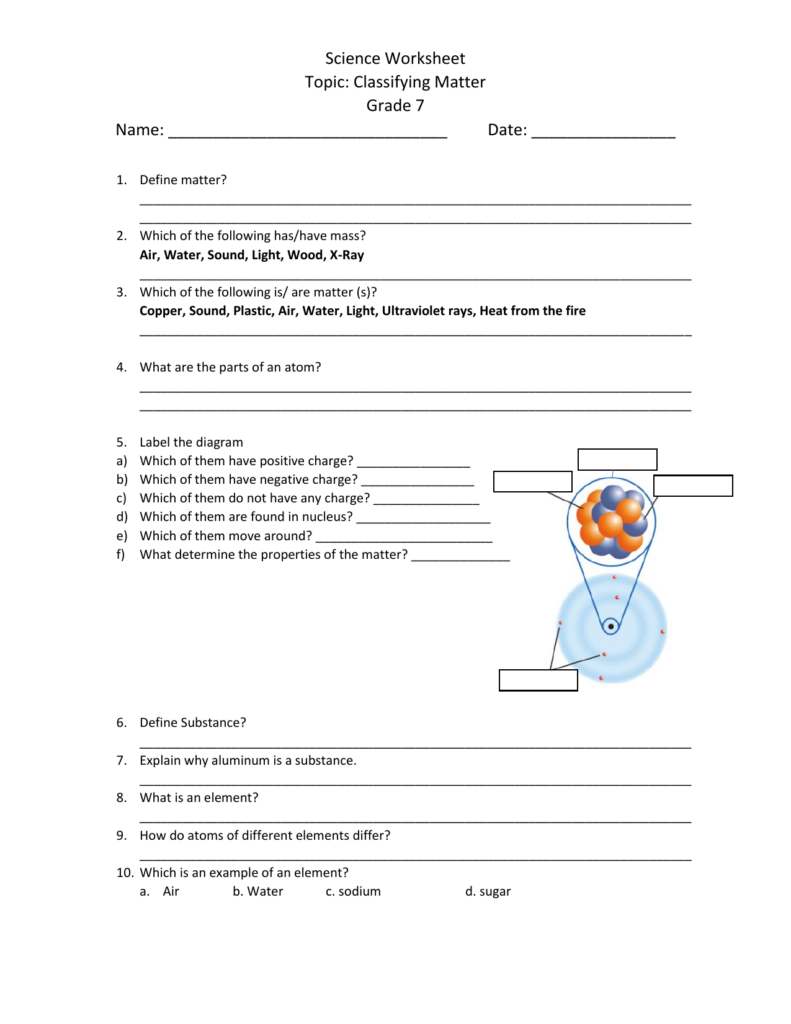 Matter And Material Worksheet Grade 7