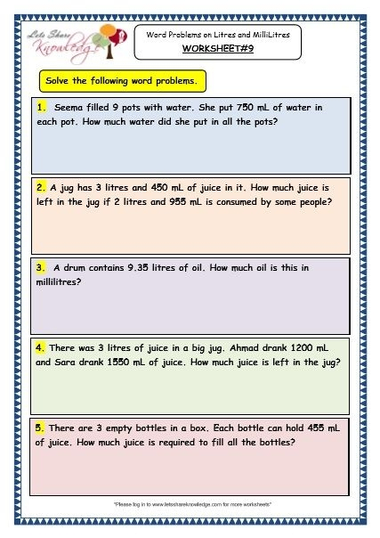 Measurement Word Problems Liters And Milliliters Worksheets 99Worksheets