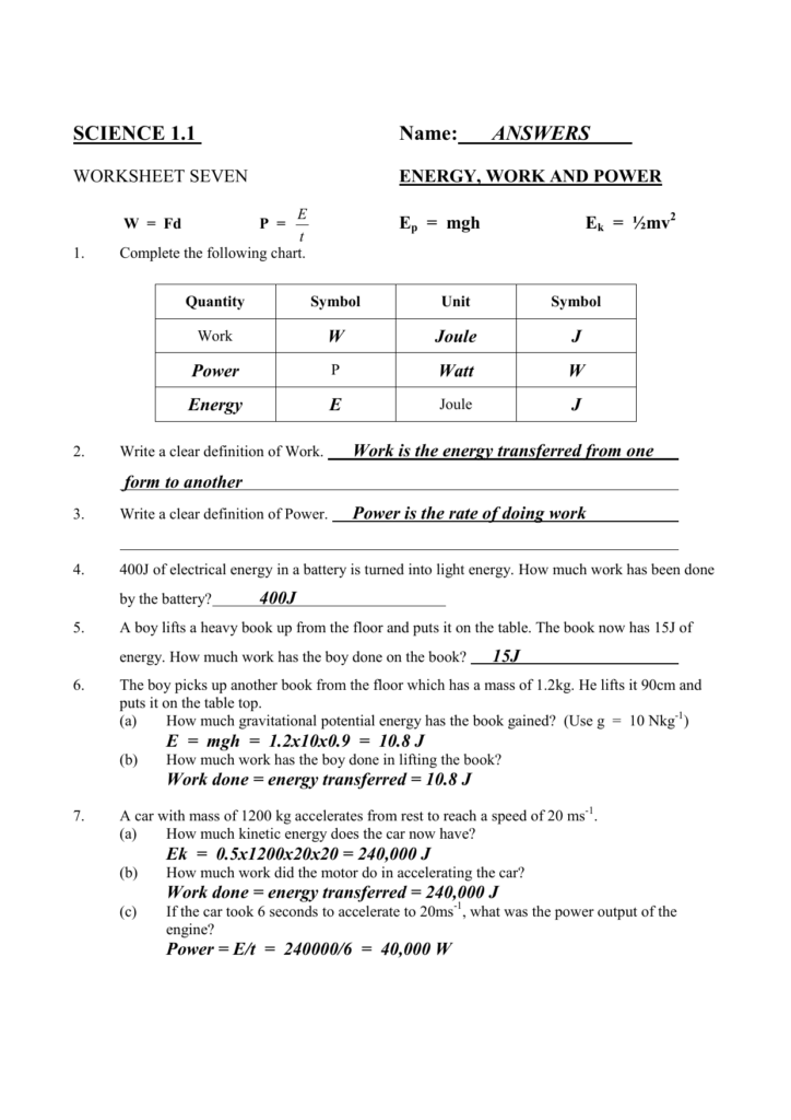 Mechanics Worksheet 7 Answers