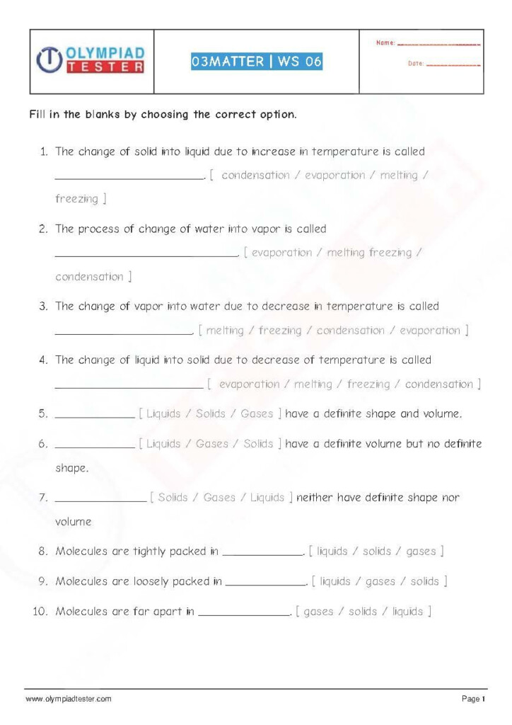 National Science Olympiad NSO Class 3 PDF Worksheet On Chapter Matter 