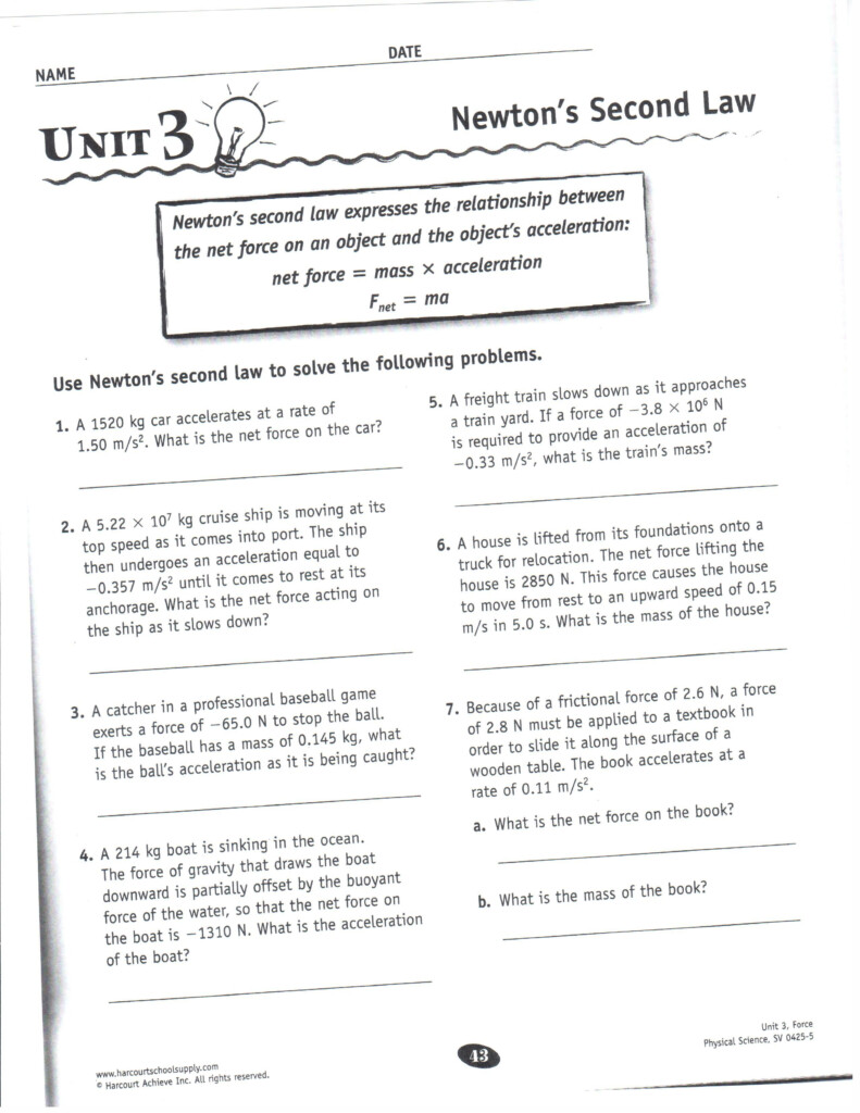 Newton s 2nd Law Worksheet And Key Physical Science Newton s 2nd Law 