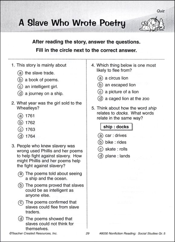 Nonfiction Reading Comprehension Social Studies Grade 5 Teacher 