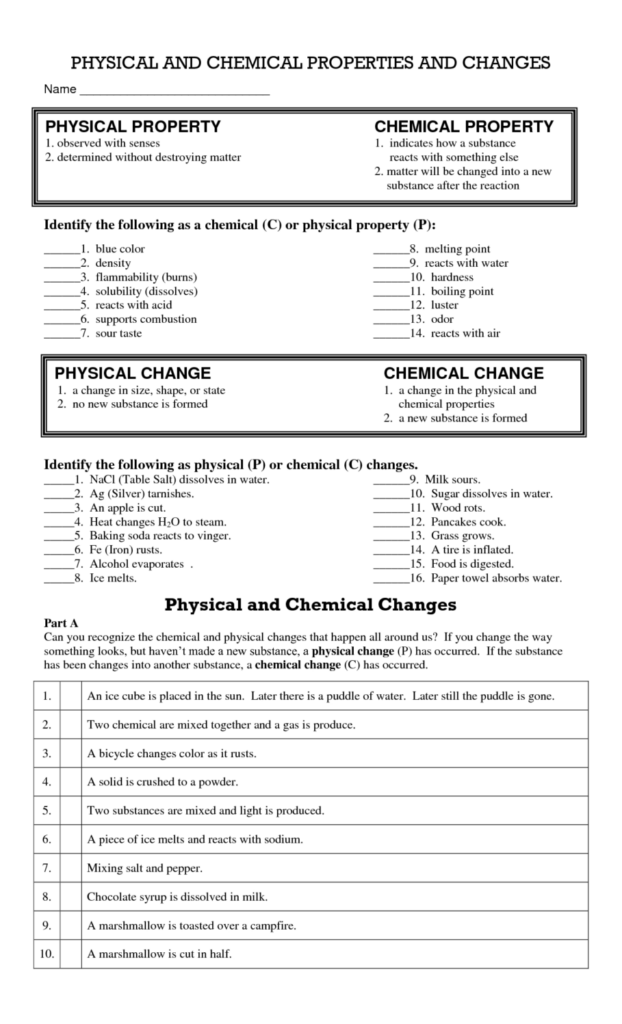 Physical And Chemical Change Worksheet For Grade 5 Kidsworksheetfun