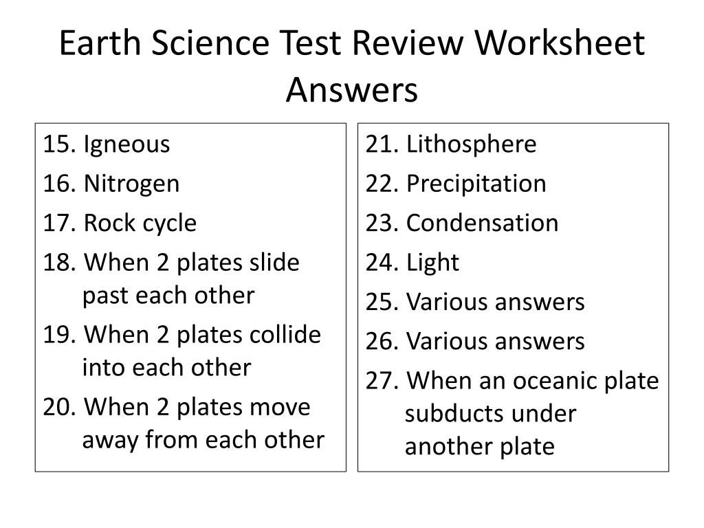 PPT Earth Science Test Review Worksheet ANSWERS 30 Points