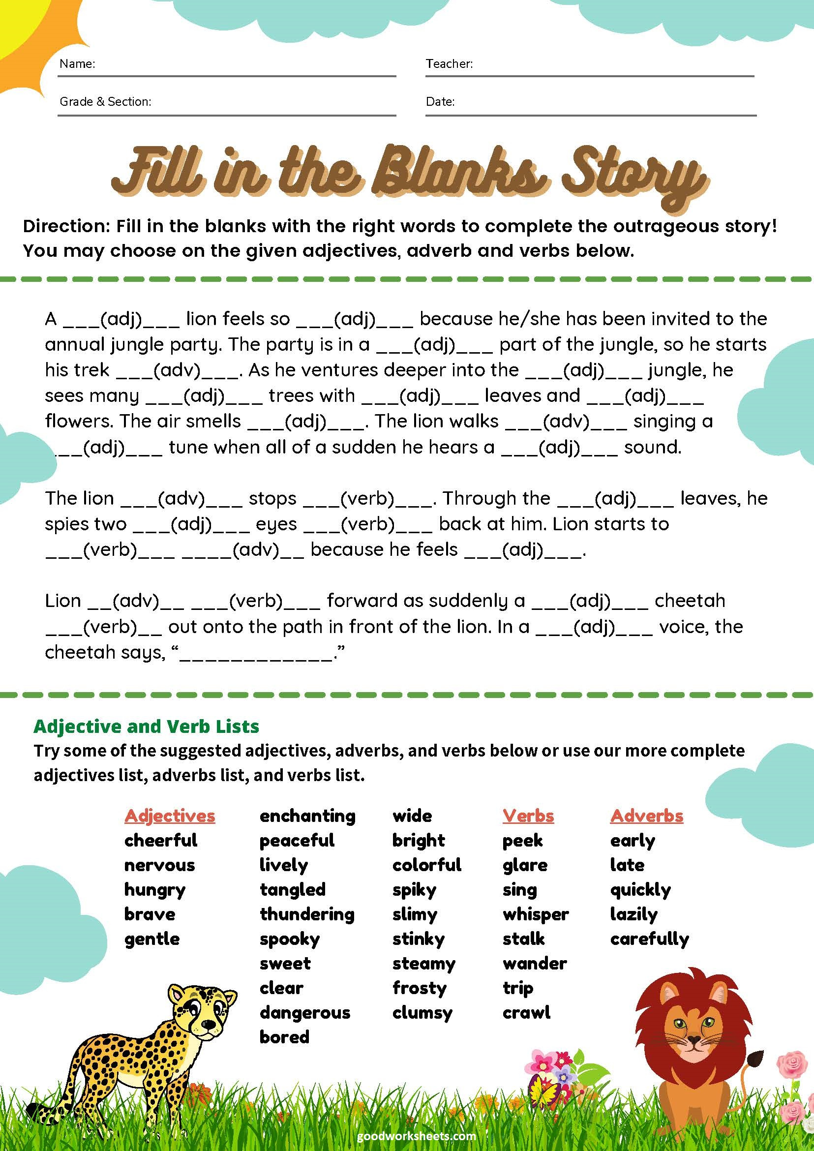 Printable Fill In The Blanks Story Worksheets With Answer Key ...