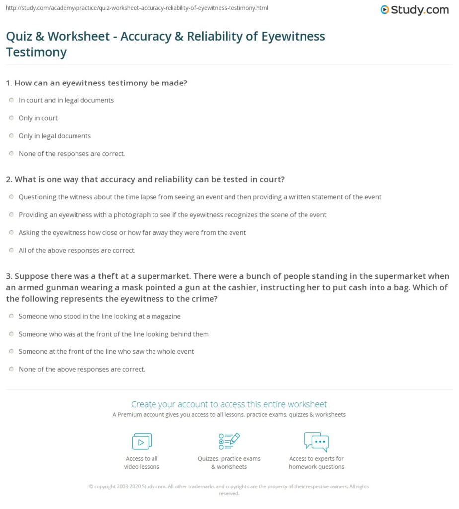 Quiz Worksheet Accuracy Reliability Of Eyewitness Testimony 