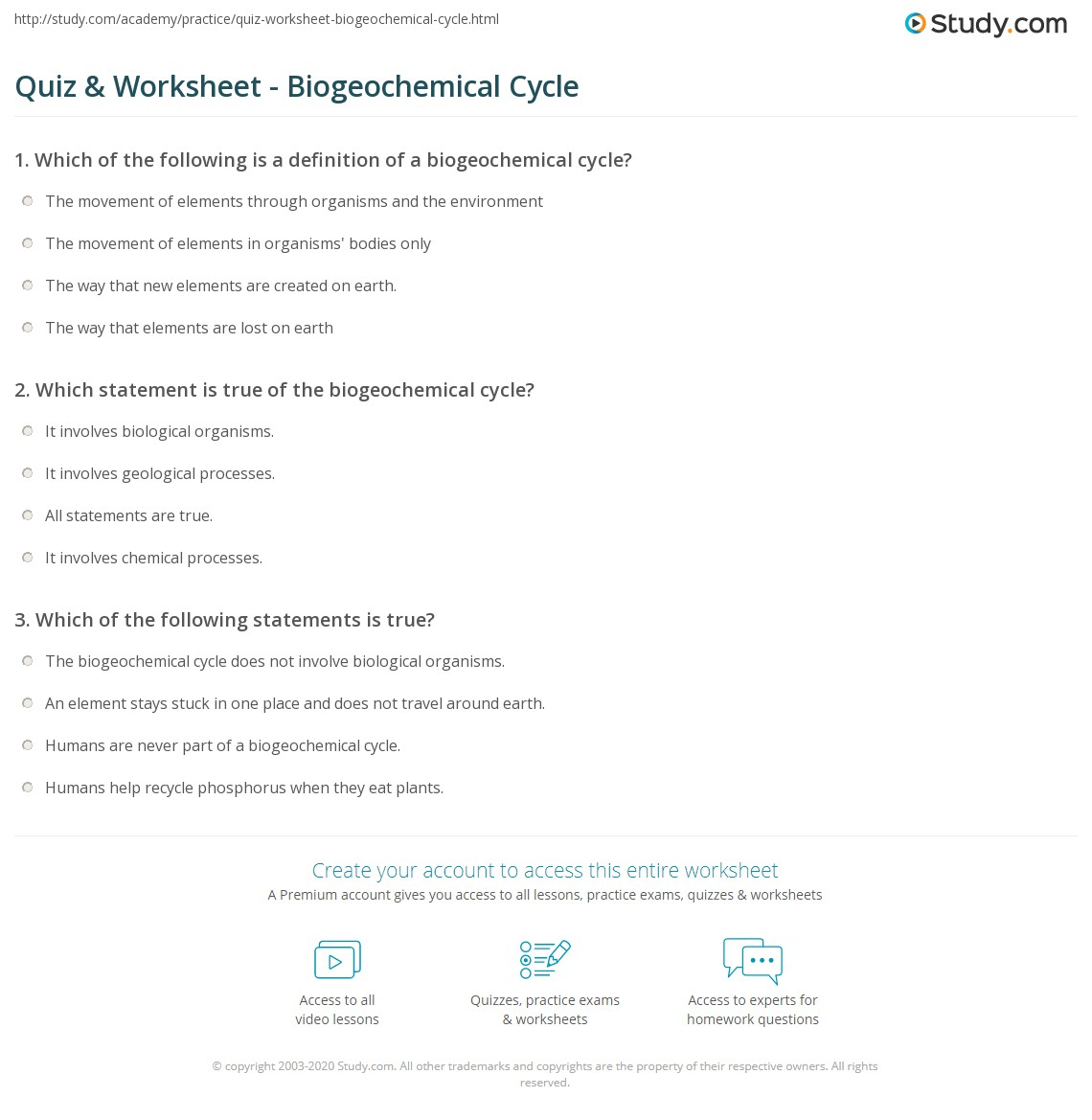 Quiz Worksheet Biogeochemical Cycle Study