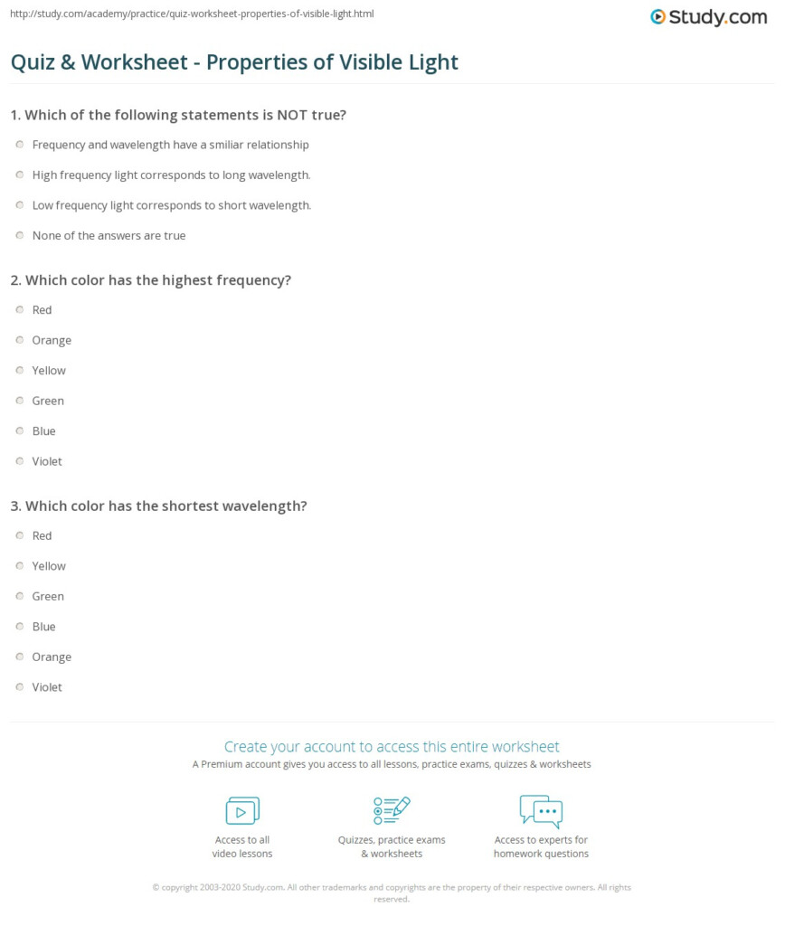 Quiz Worksheet Properties Of Visible Light Study