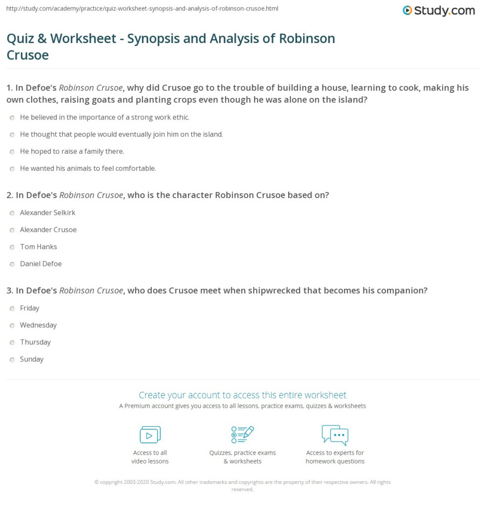Quiz Worksheet Synopsis And Analysis Of Robinson Crusoe Study
