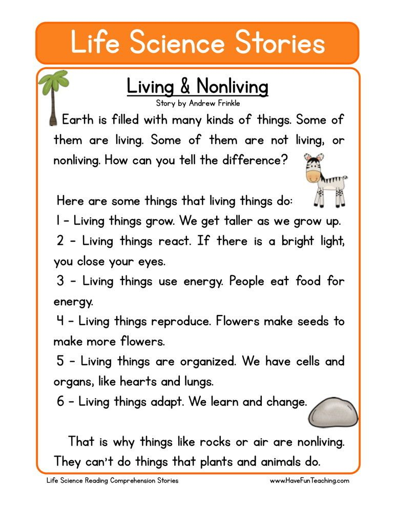 Reading Comprehension Worksheet Living Nonliving Science Reading 