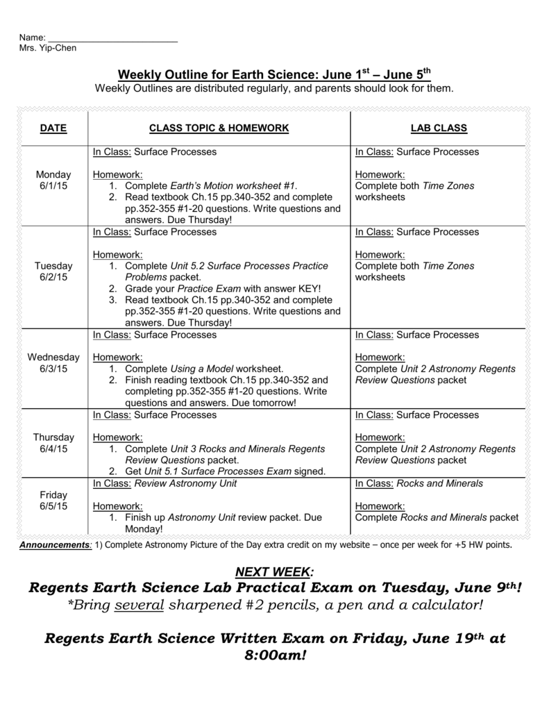 Regents Earth Science Lab Practical Exam On Tuesday June 9th